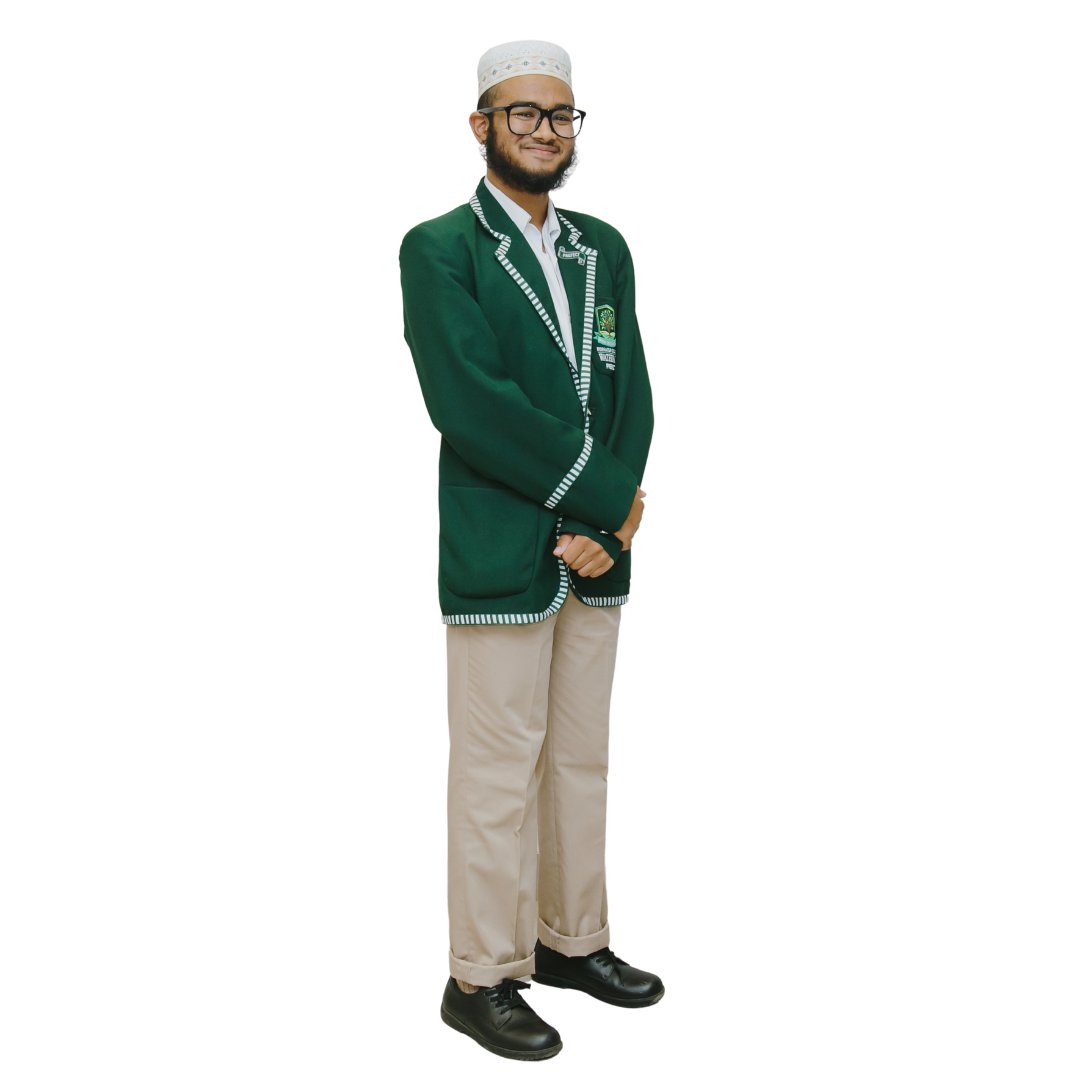 A man wearing a green jacket and khaki pants is standing in front of a white background.