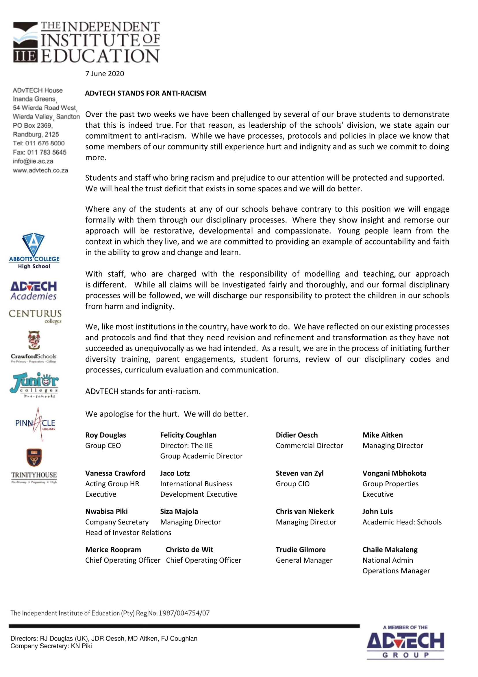 ADvTECH Anti-Racism Letter