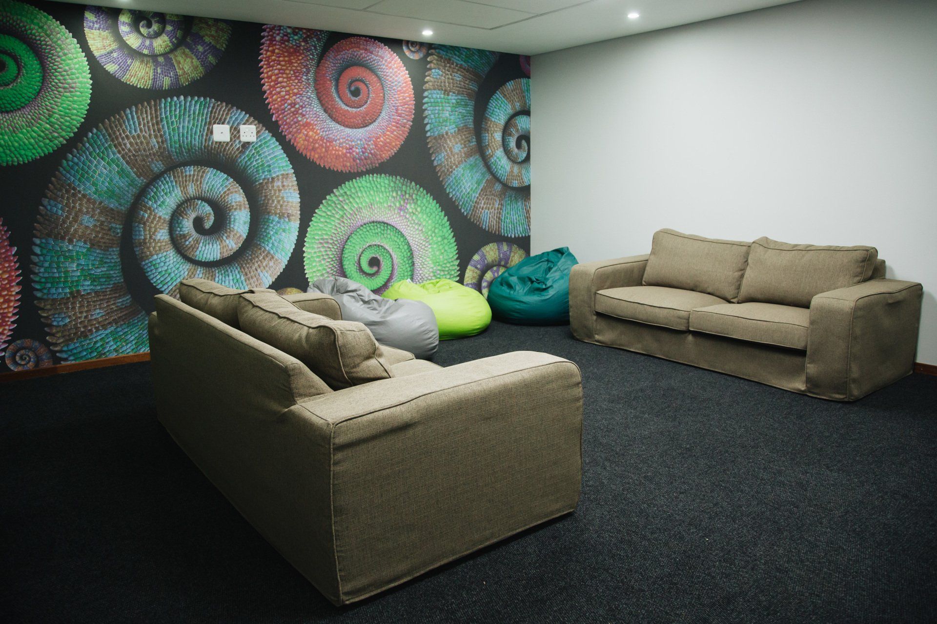 A living room with two couches and bean bag chairs.