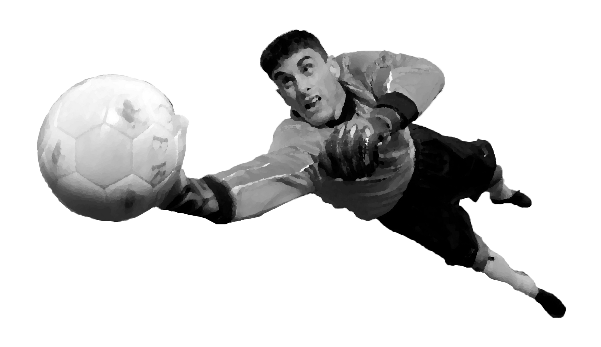 A soccer goalie is jumping in the air to catch a soccer ball