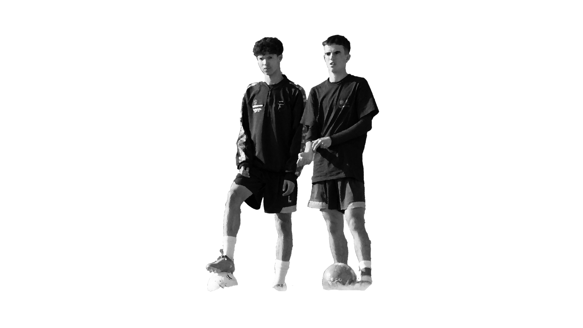 Two men are standing next to each other with a soccer ball.