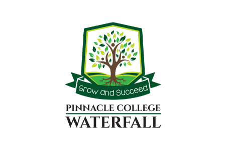 The logo for pinnacle college waterfall has a tree on it.