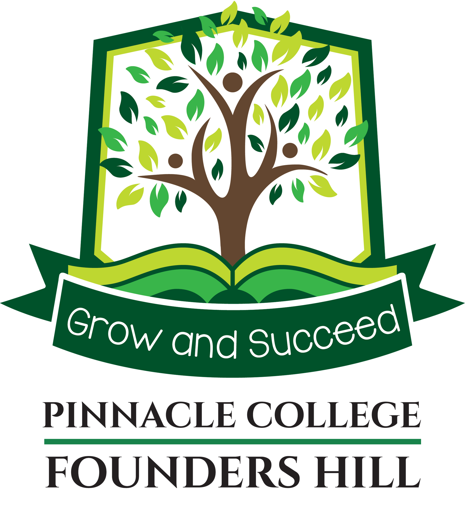 A logo for pinnacle college founders hill with a hand holding a tree
