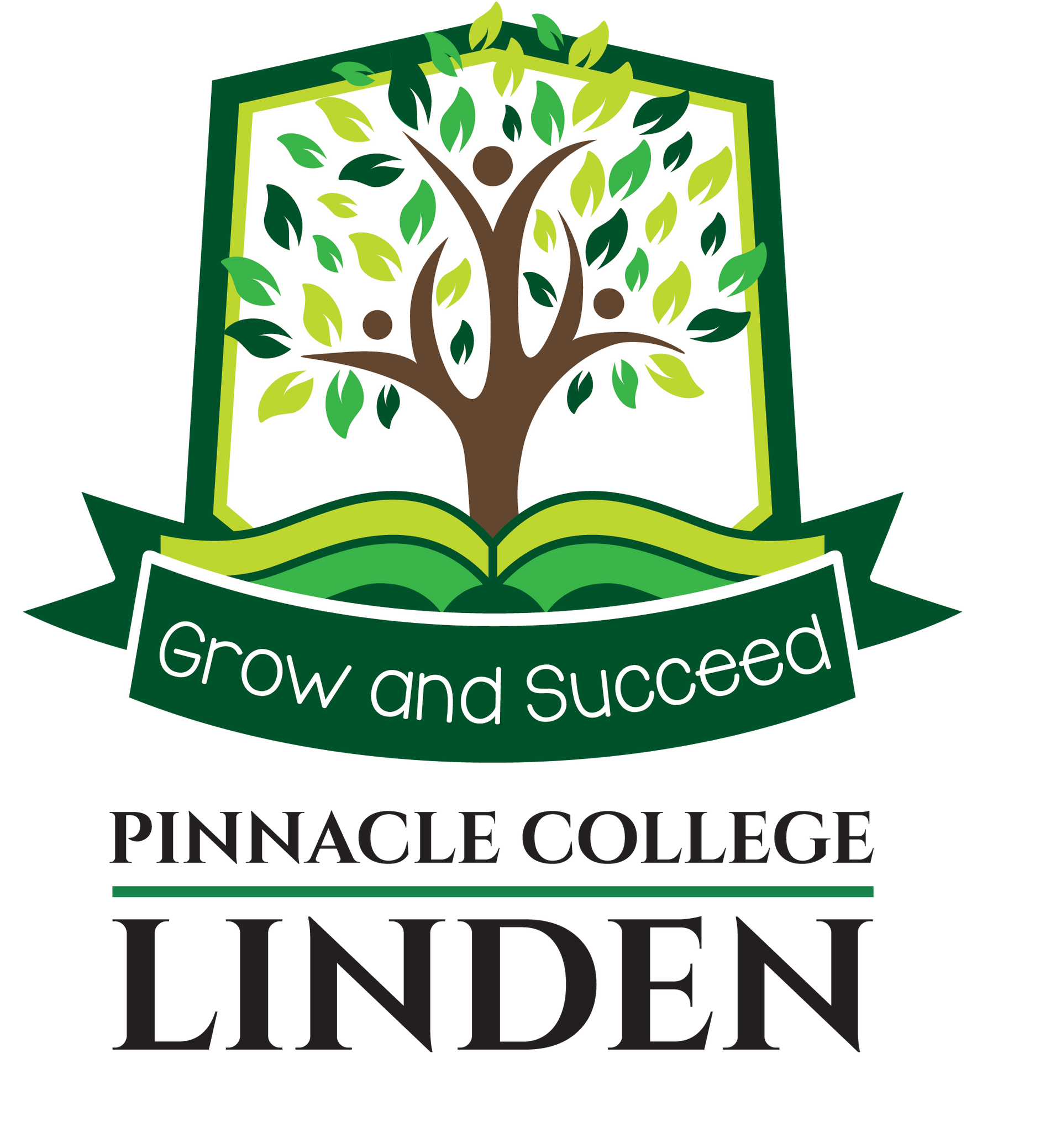 The logo for pinnacle college linden shows a tree growing out of an open book.