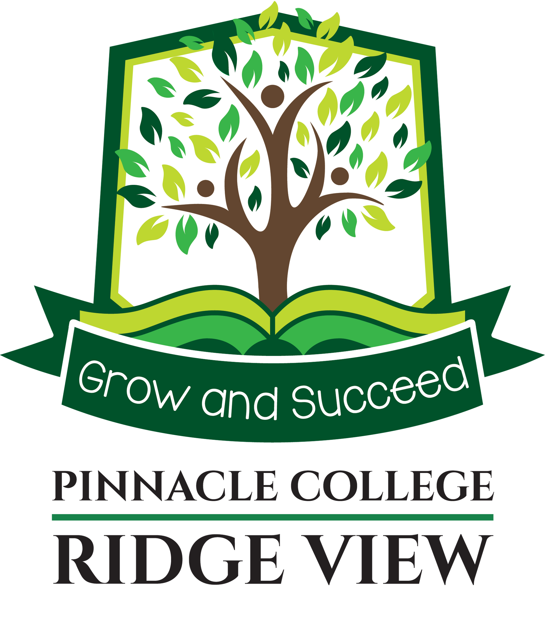 A logo for pinnacle college ridgeview with a tree in the middle of a book.