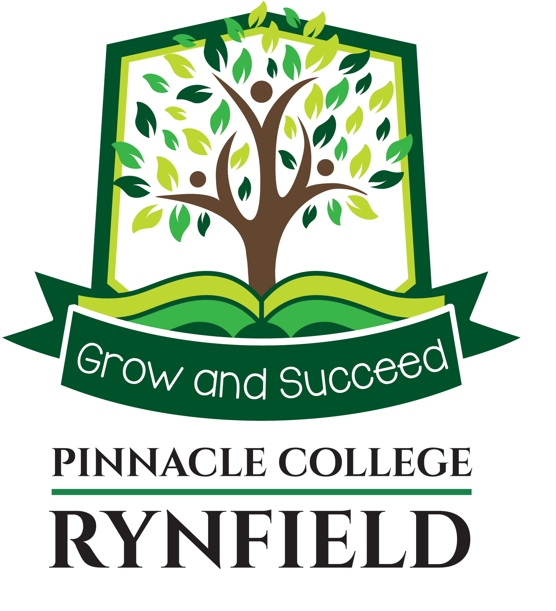 The logo for pinnacle college rynfield is a shield with a tree on it.