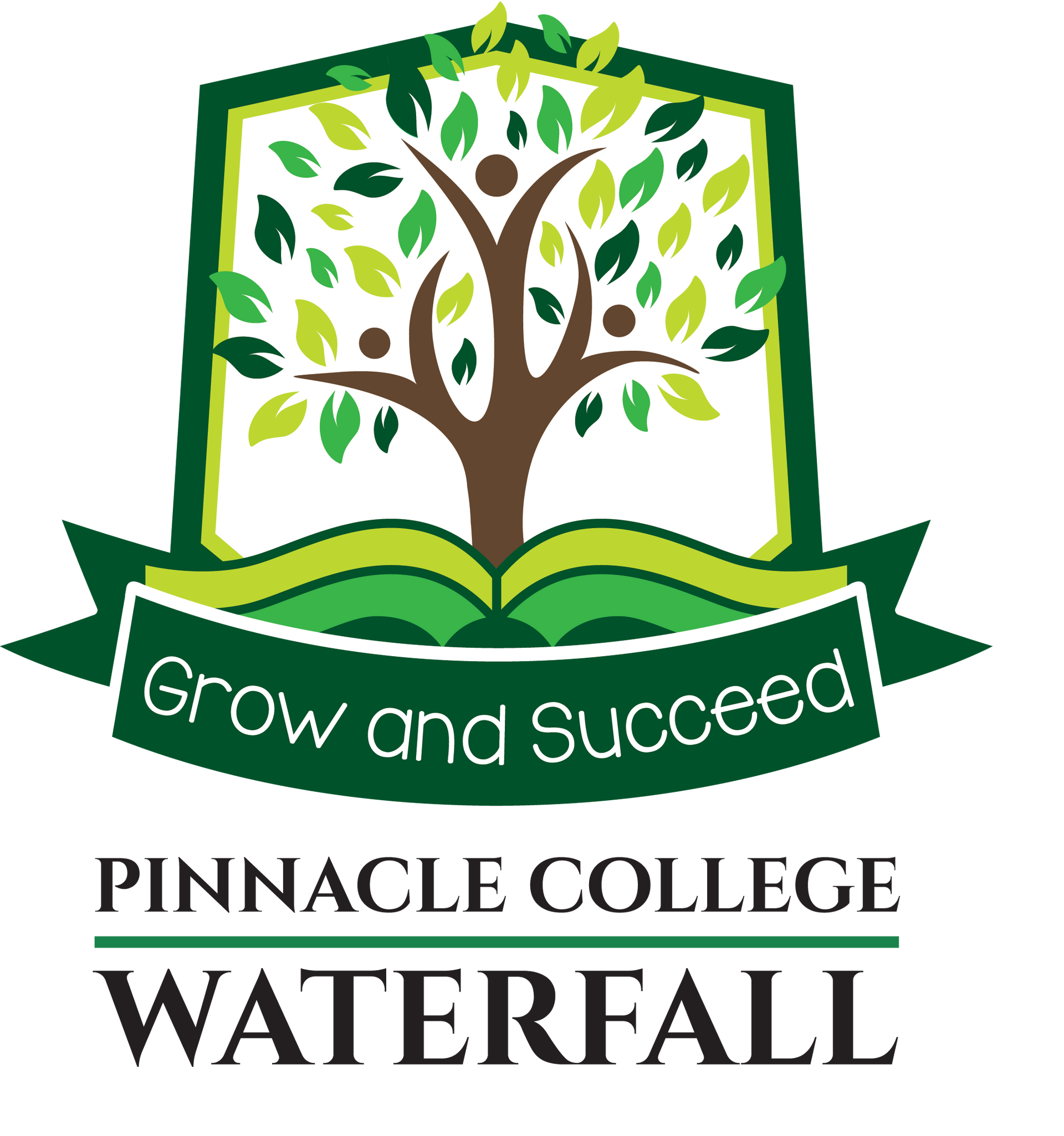 A logo for pinnacle college waterfall with a tree on it.