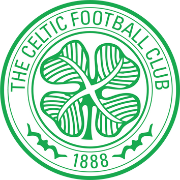 The celtic football club logo is a green and white circle with a four leaf clover in the center.