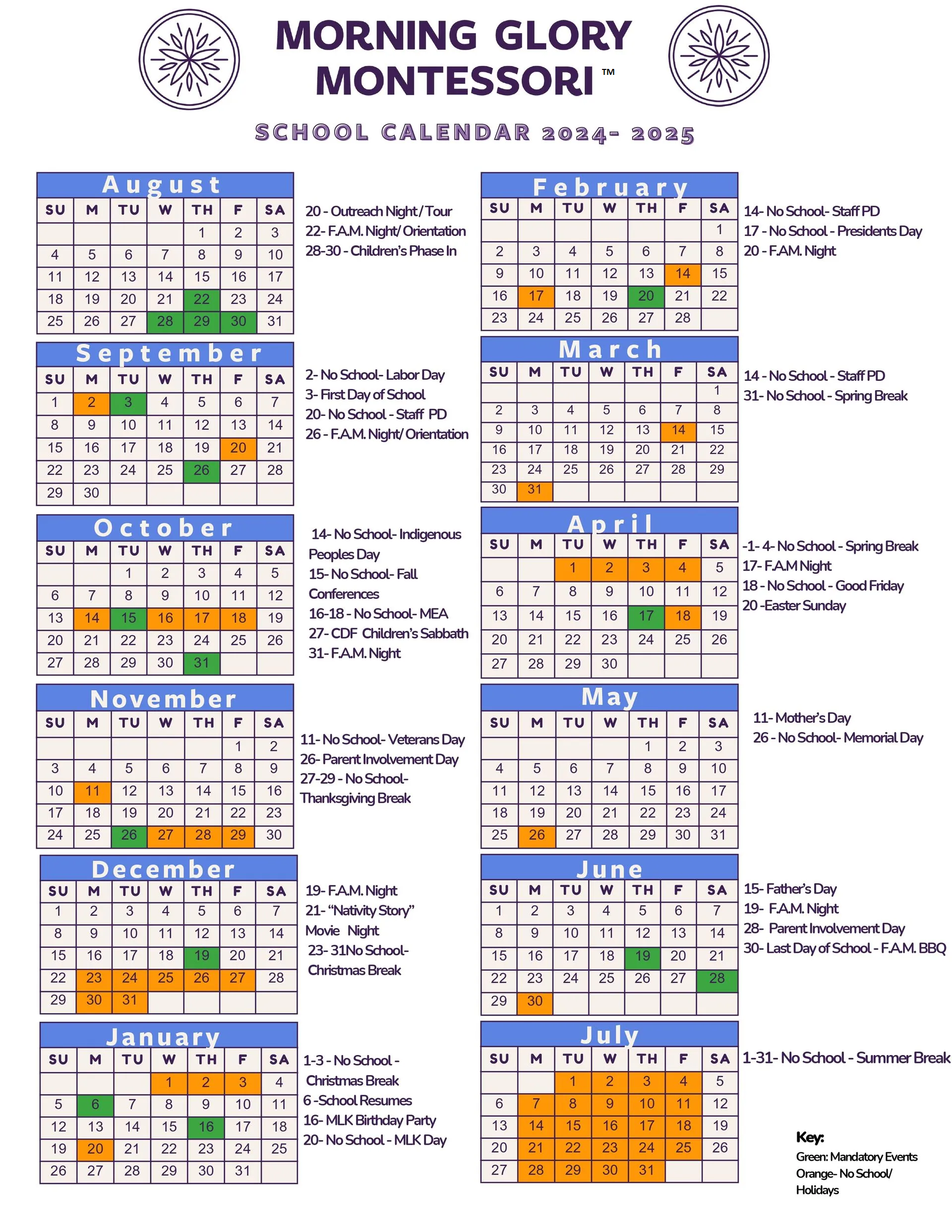 Morning Glory Montessori school calendar 2024-2025