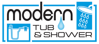 Logo for Modern Walk-In Baths featuring a stylized white walk-in tub filled with blue water and bubbles on a blue base.