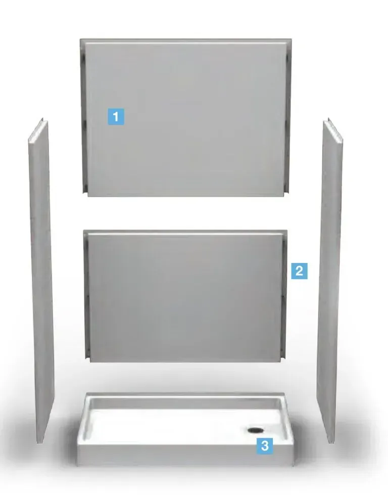 An exploded view of a white shower stall kit showing the base, two back panels, and two side walls separated for assembly.
