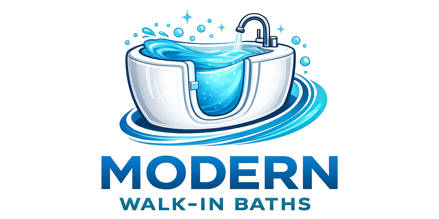 Logo for Modern Walk-In Baths featuring a stylized white walk-in tub filled with blue water and bubbles on a blue base.