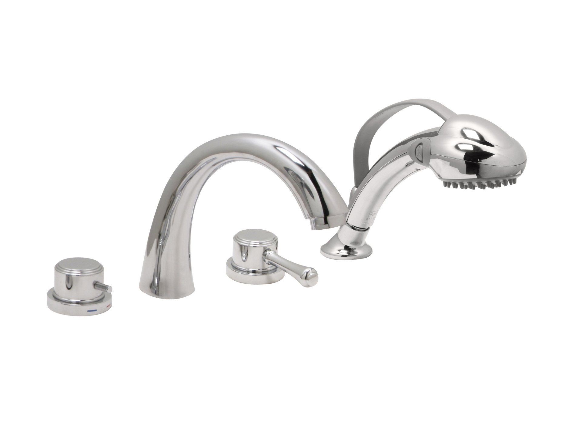 Chrome roman tub faucet set with a curved spout, two handles, and a handheld shower spray.
