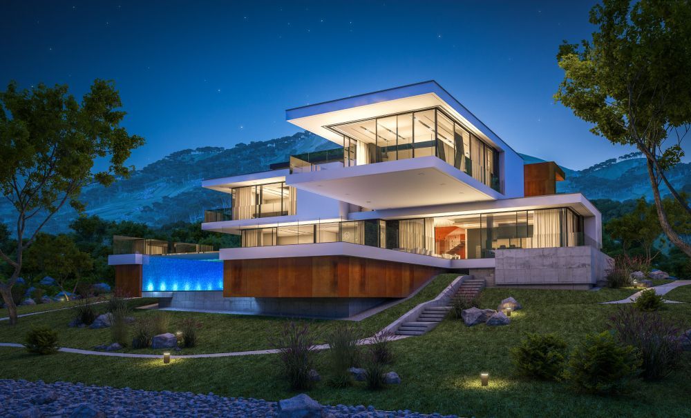 A Modern House with A Swimming Pool Is Sitting on Top of A Hill at Night — Thomas Croker Constructions In Myrtleville, NSW