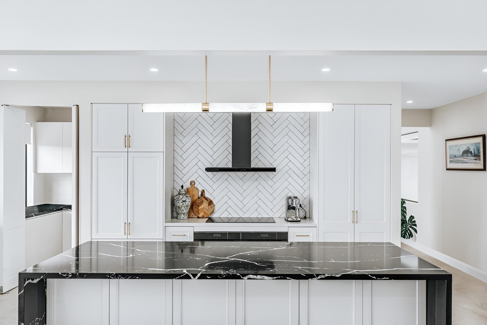 Modern White Kitchen With Black Island — Thomas Croker Constructions In Southern Highlands, NSW