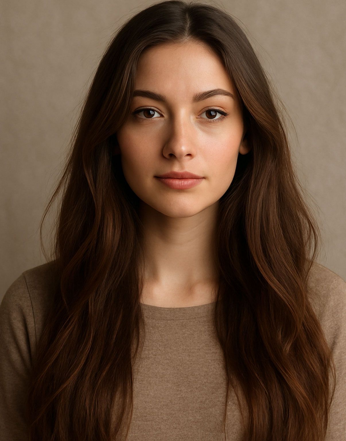 Woman with long, brown hair and a neutral expression, wearing a tan sweater, against a light gray backdrop.