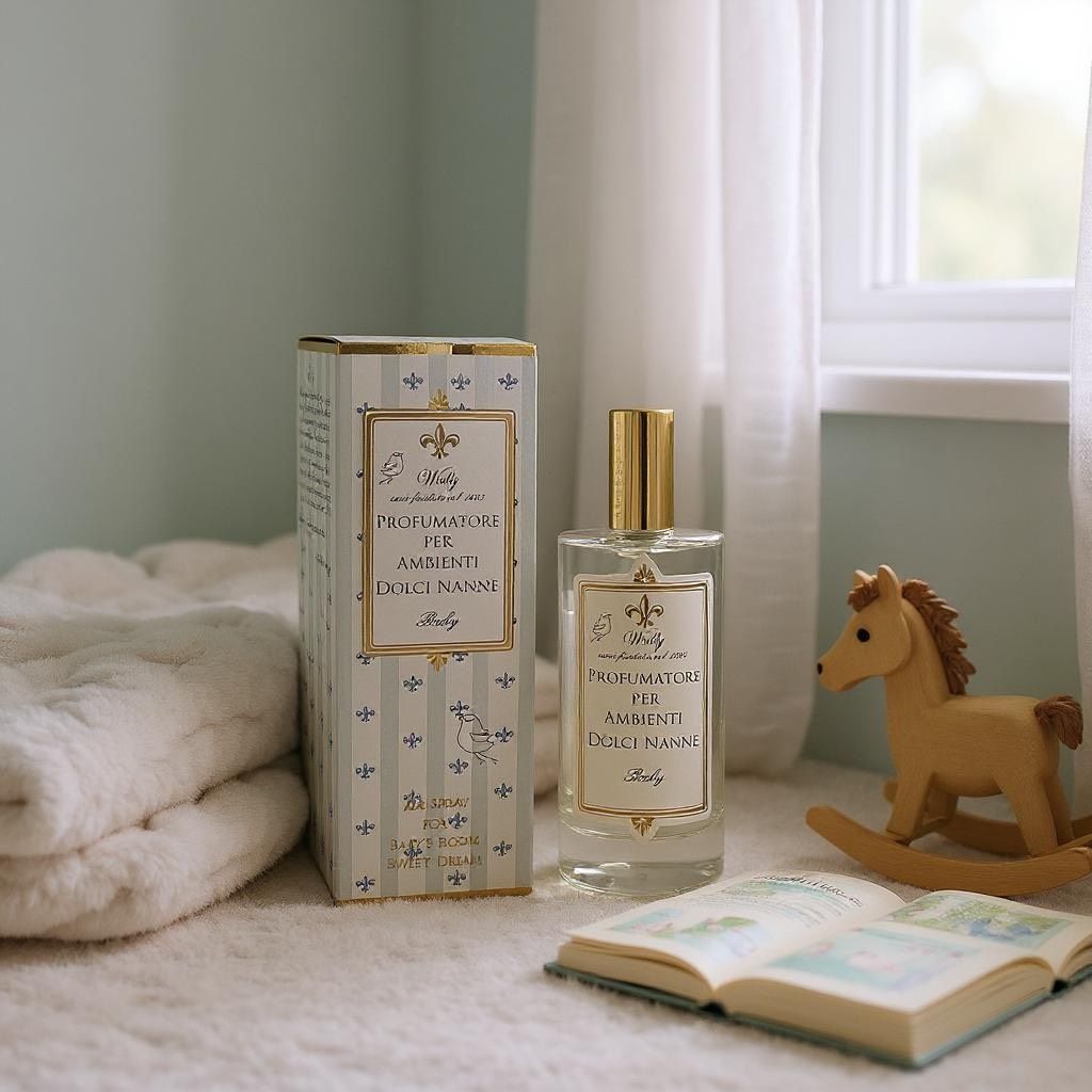 Una boccetta di profumo e una scatola su un letto accanto a un cavallo a dondolo e un libro aperto vicino a una finestra.