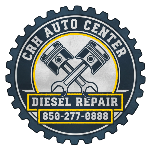 CRH Auto Center logo: gear-edged badge, crossed pistons & wrenches, 