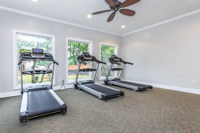 Three treadmills in a bright gym room with windows and a ceiling fan.