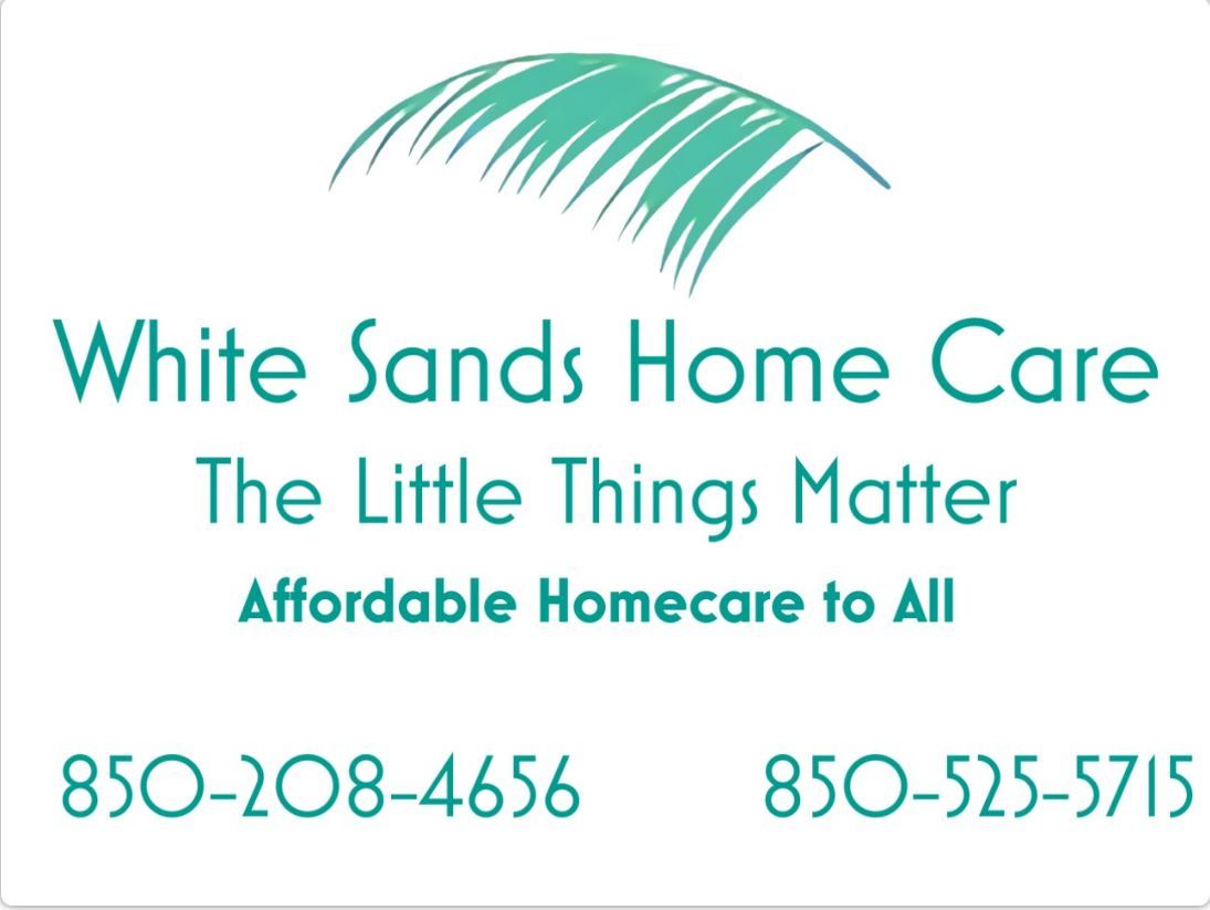 White Sands Home Care logo with teal circle, text, and palm fronds. Tagline: "The Little Things Matter."
