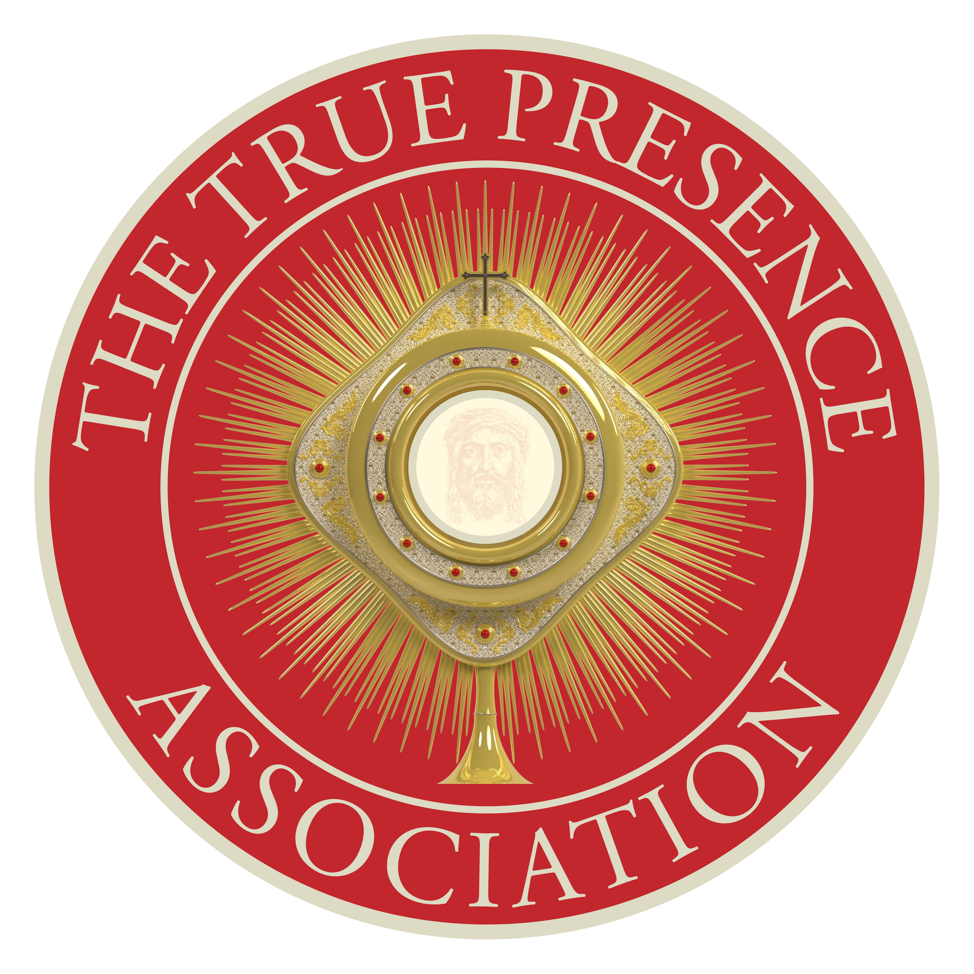 The True Presence Association logo has a picture of Jesus in the center