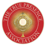 The True Presence Association logo has a picture of Jesus in the center