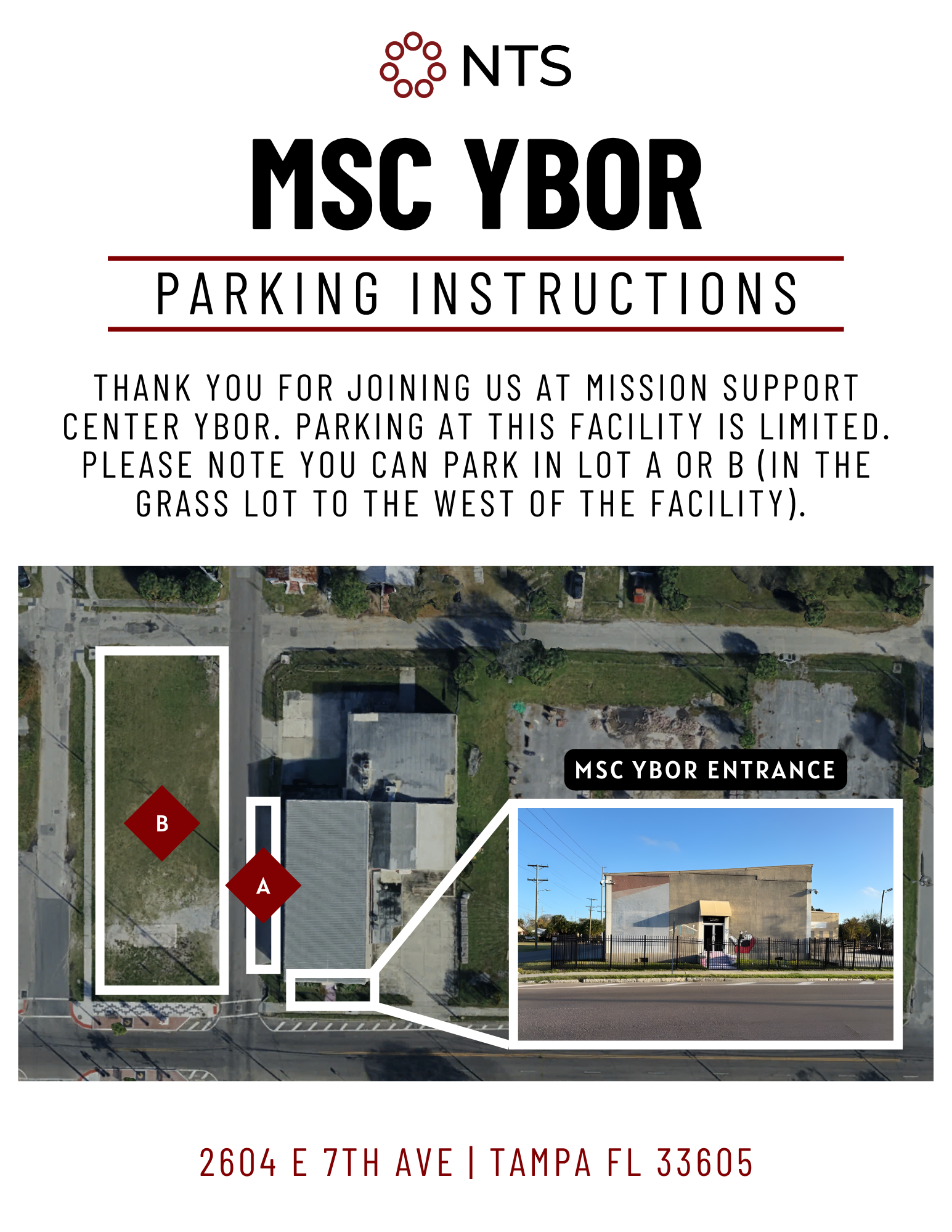 Parking instructions for MSC Ybor in Tampa. Map shows parking locations A, B, C, and entrance.