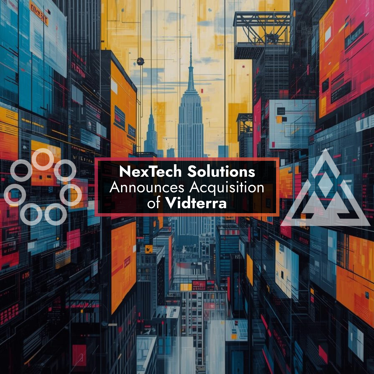 NexTech Solutions announces acquisition of Vidterra over a stylized cityscape.