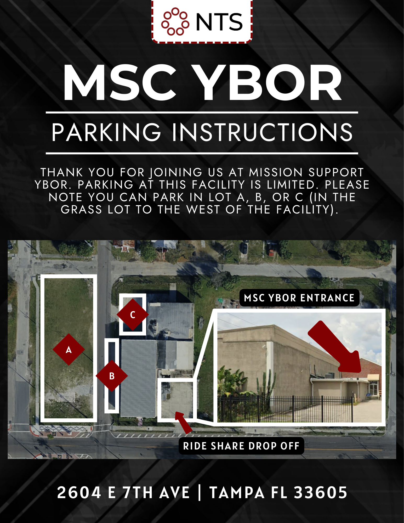 Parking instructions for MSC Ybor in Tampa. Map shows parking locations A, B, C, and entrance.