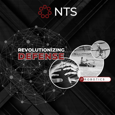 A black and white poster for revolutionizing defense robotics