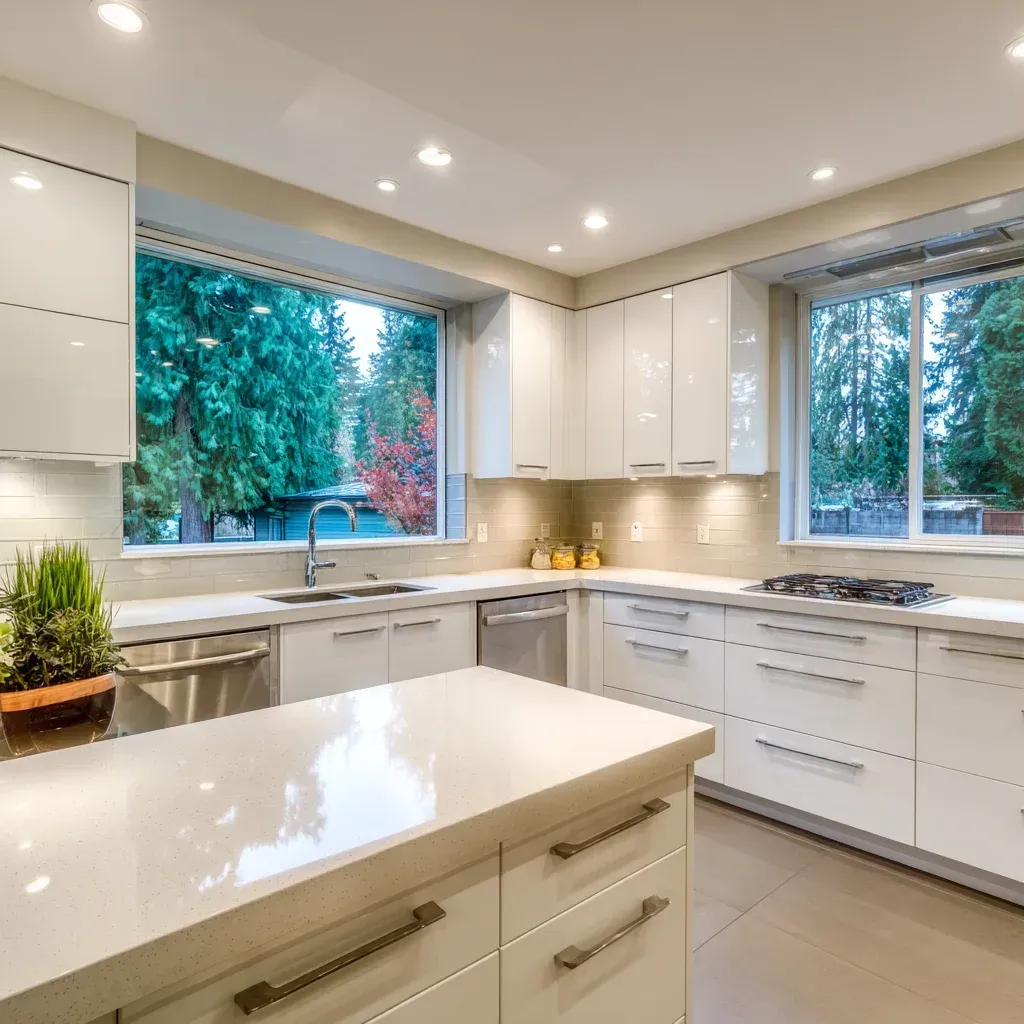 Premium Vancouver kitchen renovation including granite island extension, hardwood flooring refinishing, modern cabinet hardware, and lighting upgrades.
Contemporary kitchen remodel Vancouver BC with marble countertops, waterfall island design, and integrated appliance installation.
Vancouver BC kitchen remodeling experts completing cabinet replacement, quartz countertop installation, and open-plan kitchen transformation.
Residential Vancouver kitchen renovation featuring stone backsplash installation, hardwood flooring upgrade, and luxury cabinetry finishes.