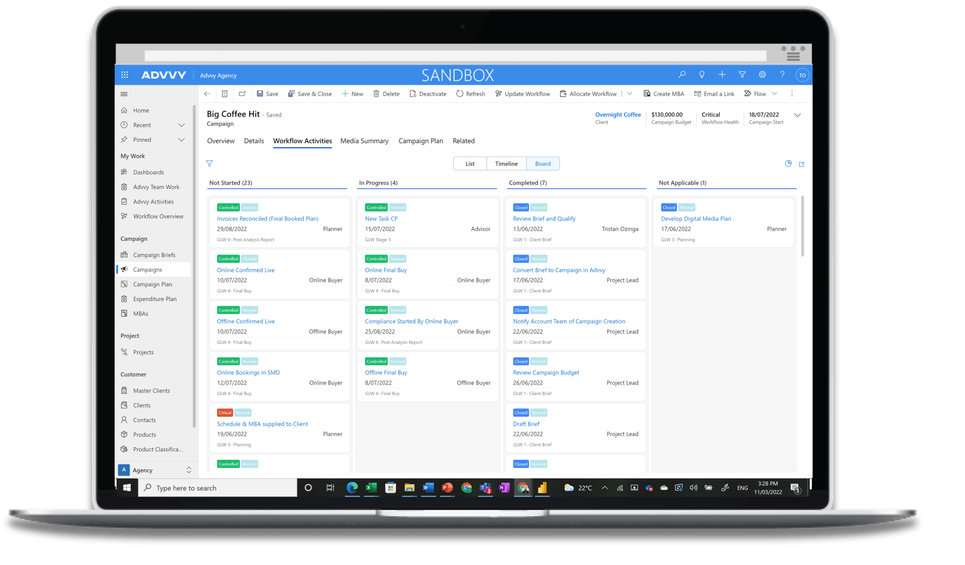 Kanban board view in Advvy's project management control for media campaign implementation