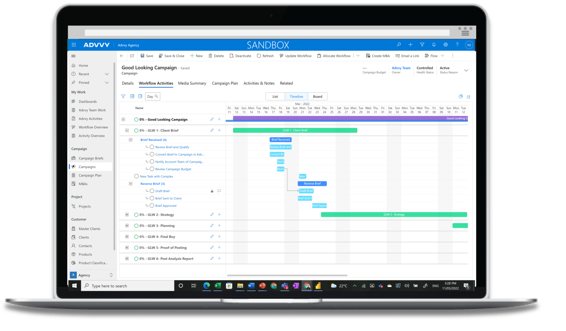 Gantt chart in Advvy's project management control built for media campaign implementation