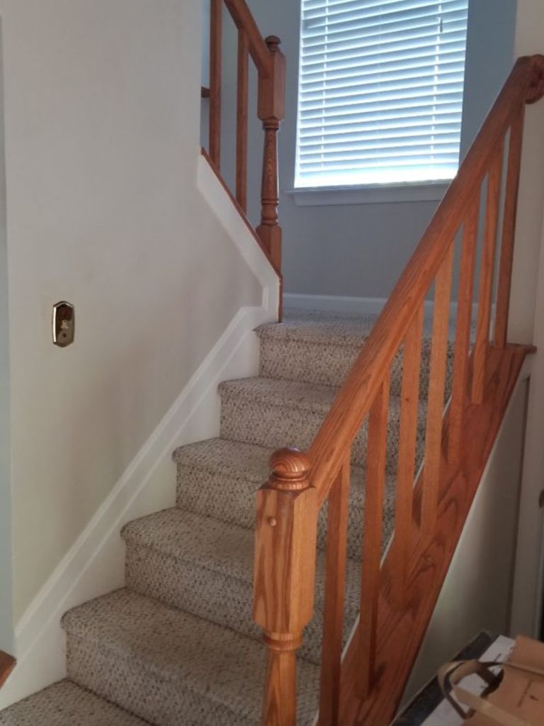 Staircase with carpeted steps, wooden handrails, and a window at the top.