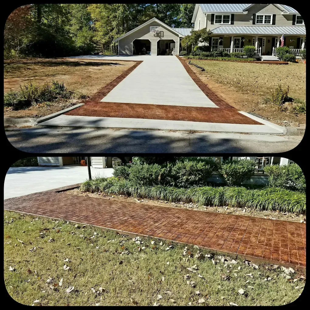 Two driveways: one concrete, one stamped brick-look, leading to house and garage, with grass and landscaping.