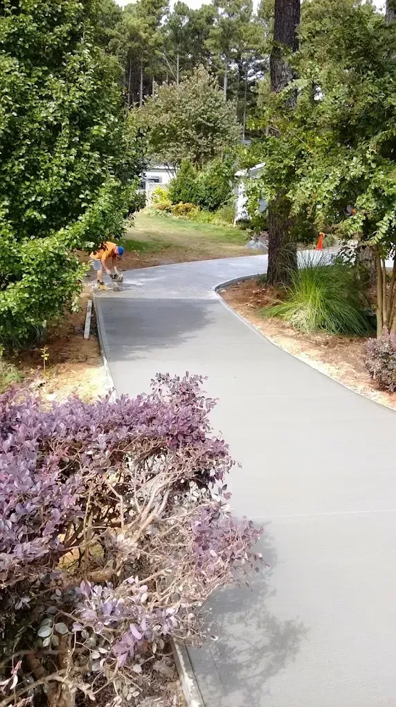Concrete path winds through a green, sunny yard. A dog walks at the path's edge, purple bush in foreground.