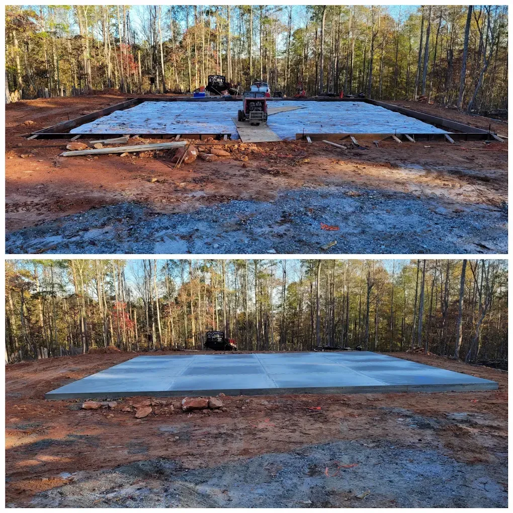 Top: Construction site with wooden forms for a concrete slab. Bottom: Finished concrete slab.