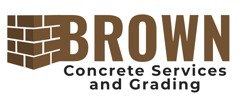Brown Concrete Services and Grading logo: brown brick graphic next to the word "BROWN" and text.