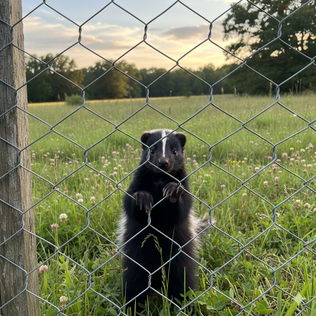 Young skunk standing behind chain-link fence, demonstrating need for professional wildlife removal