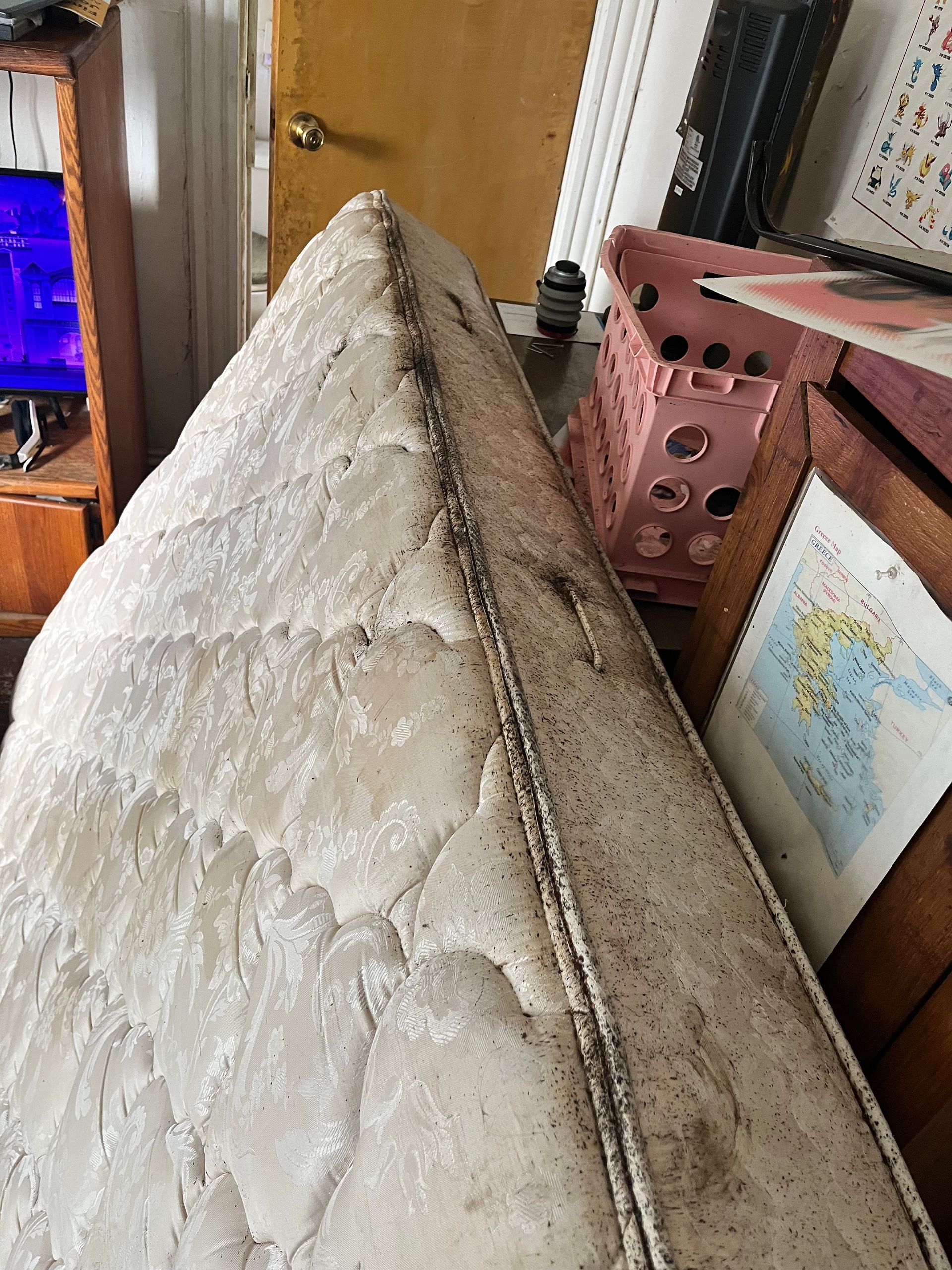 Filthy, stained mattress leaning against a wall in a cluttered room.