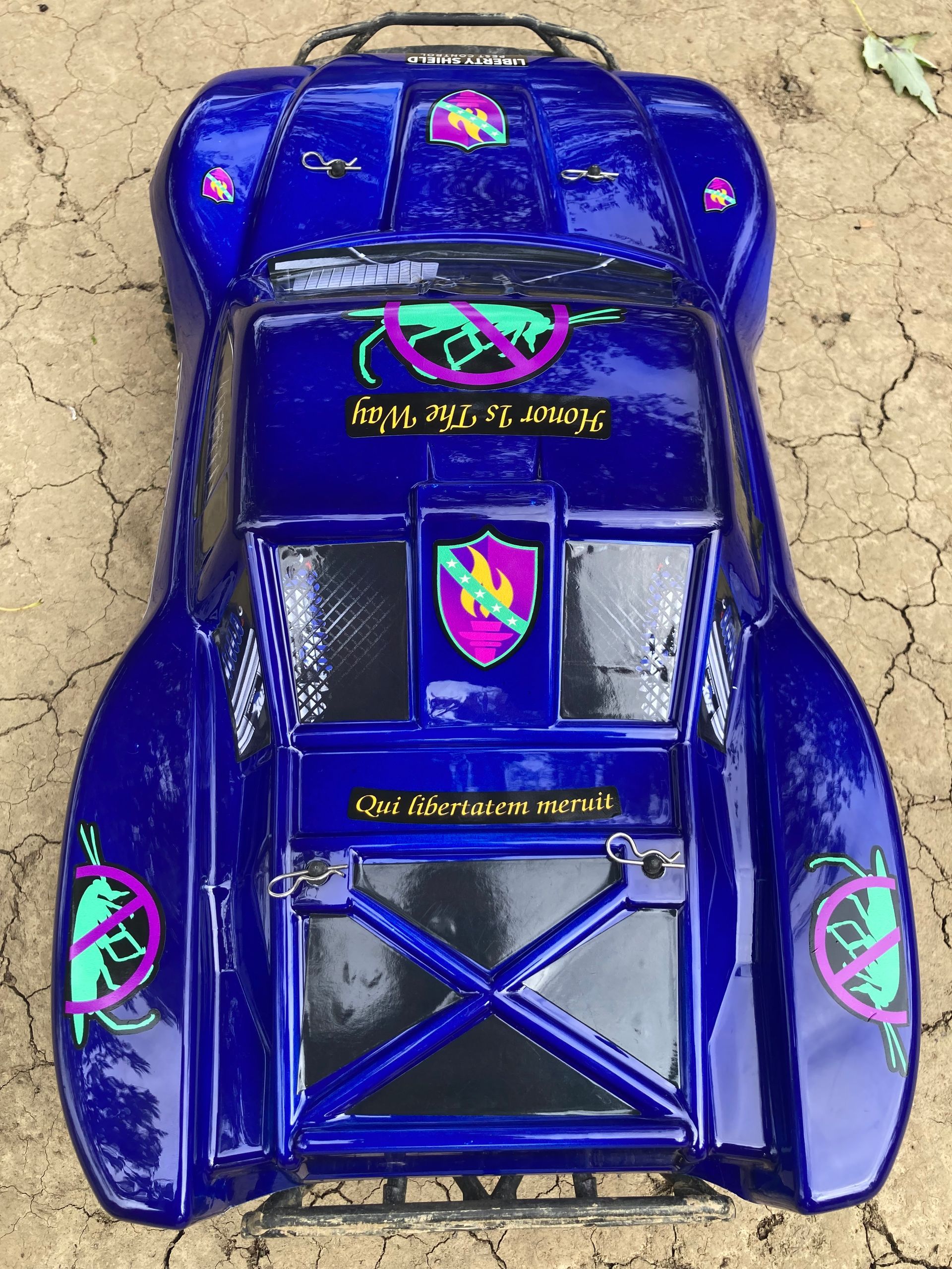 Blue and black RC car body with purple and green decals.