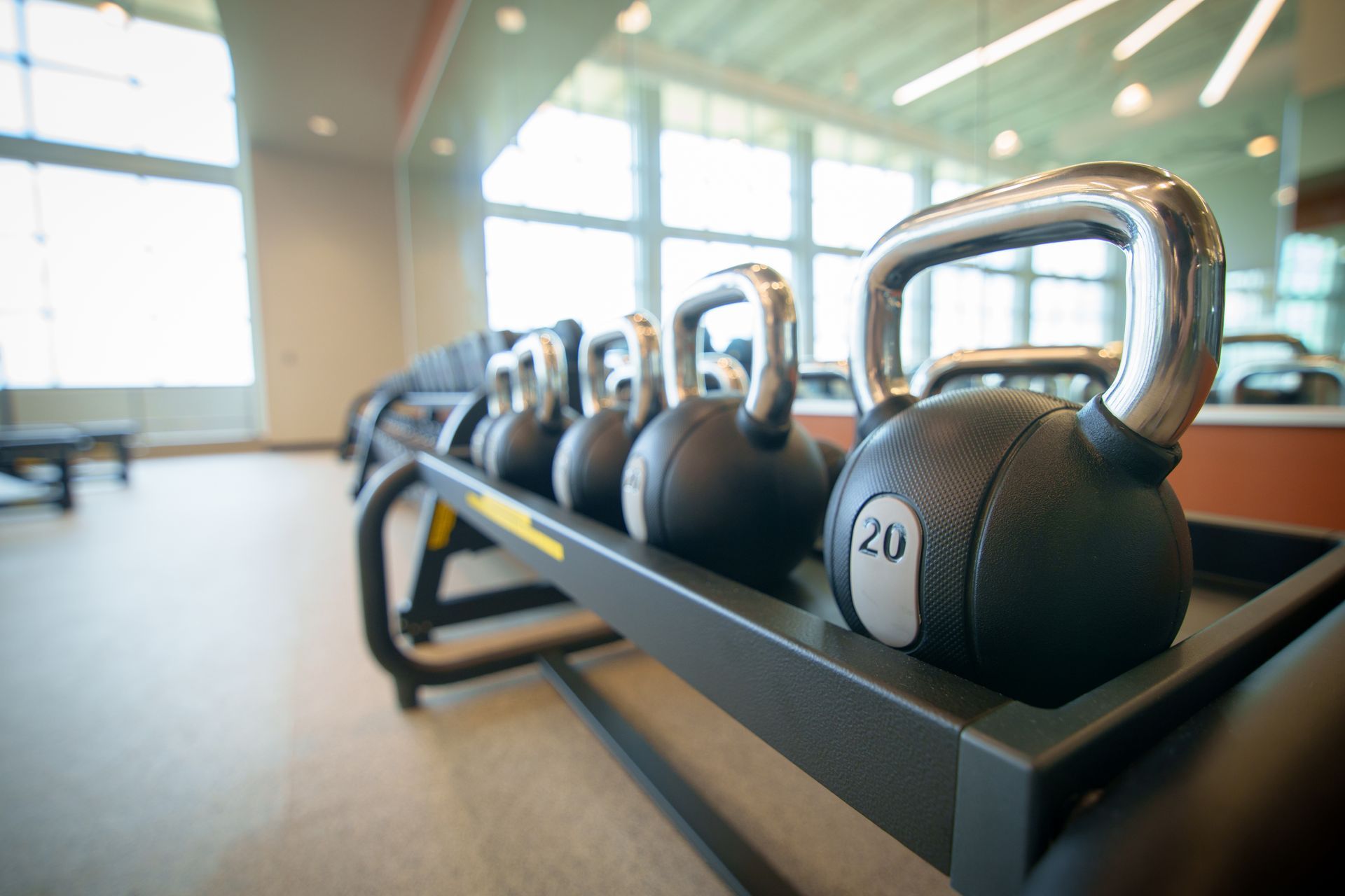 A row of kettlebells are sitting on a rack in a gym.