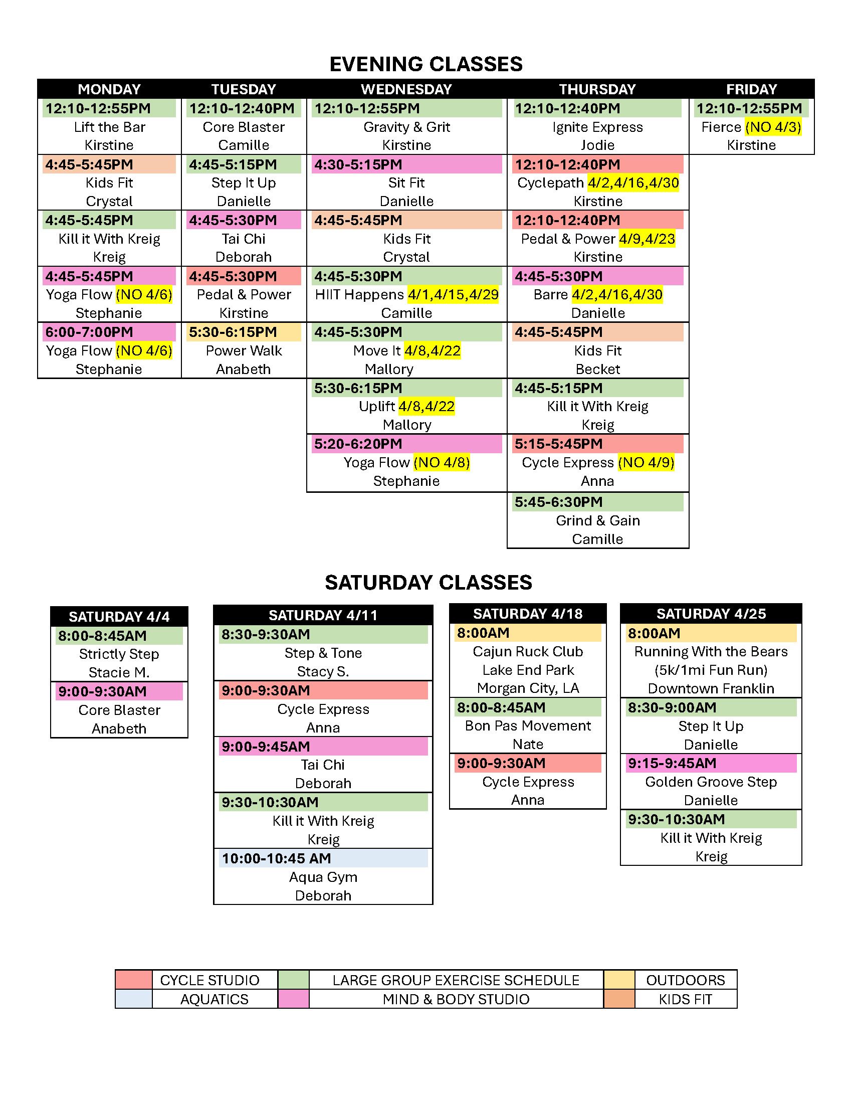 Image of the fitness center's group exercise class list. Please call 337-413-5104 to find out about classes.