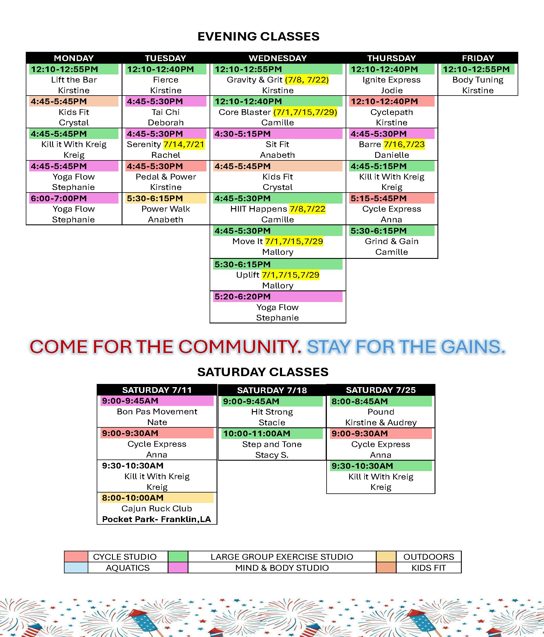 Image of the fitness center's group exercise class list. Please call 337-413-5104 to find out about classes.