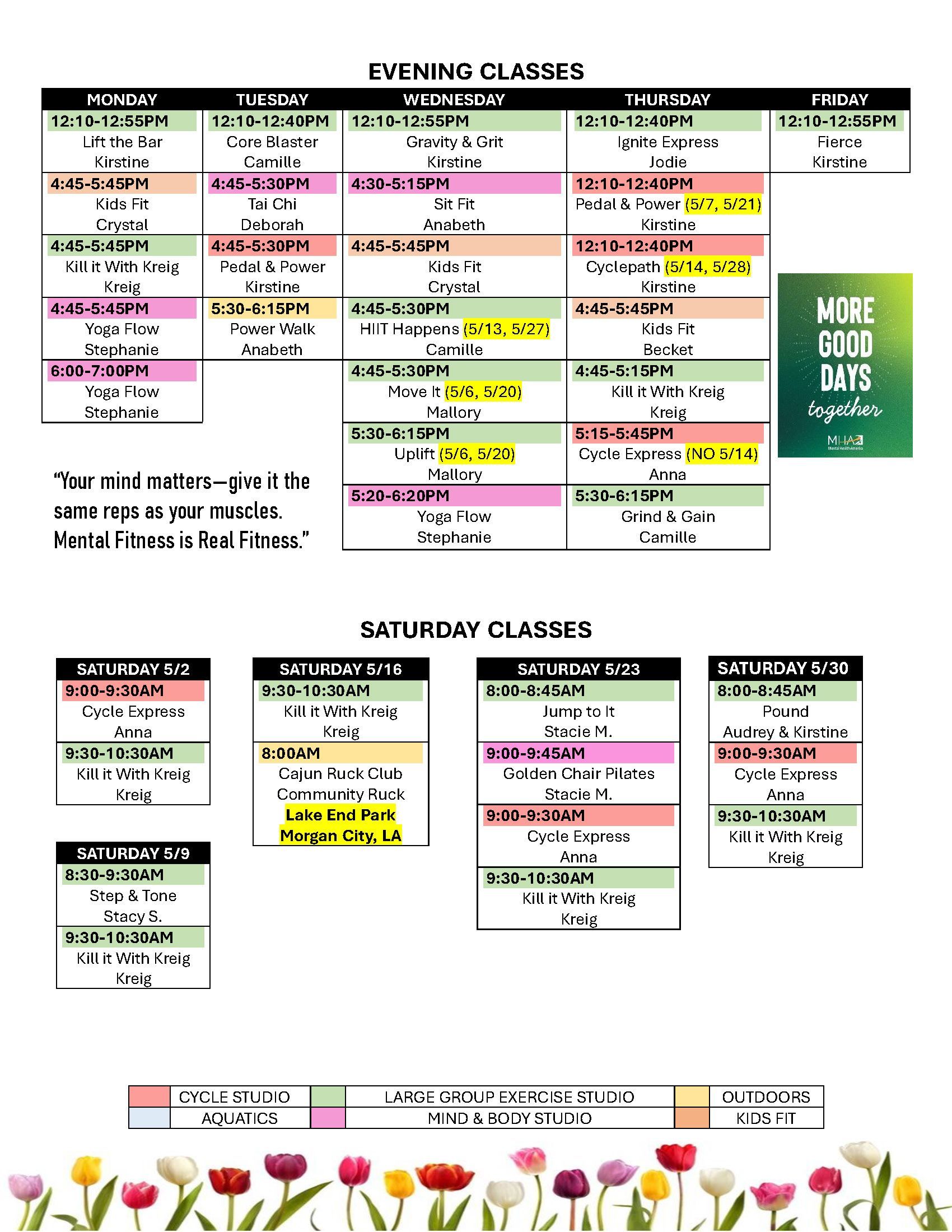 Image of the fitness center's group exercise class list. Please call 337-413-5104 to find out about classes.