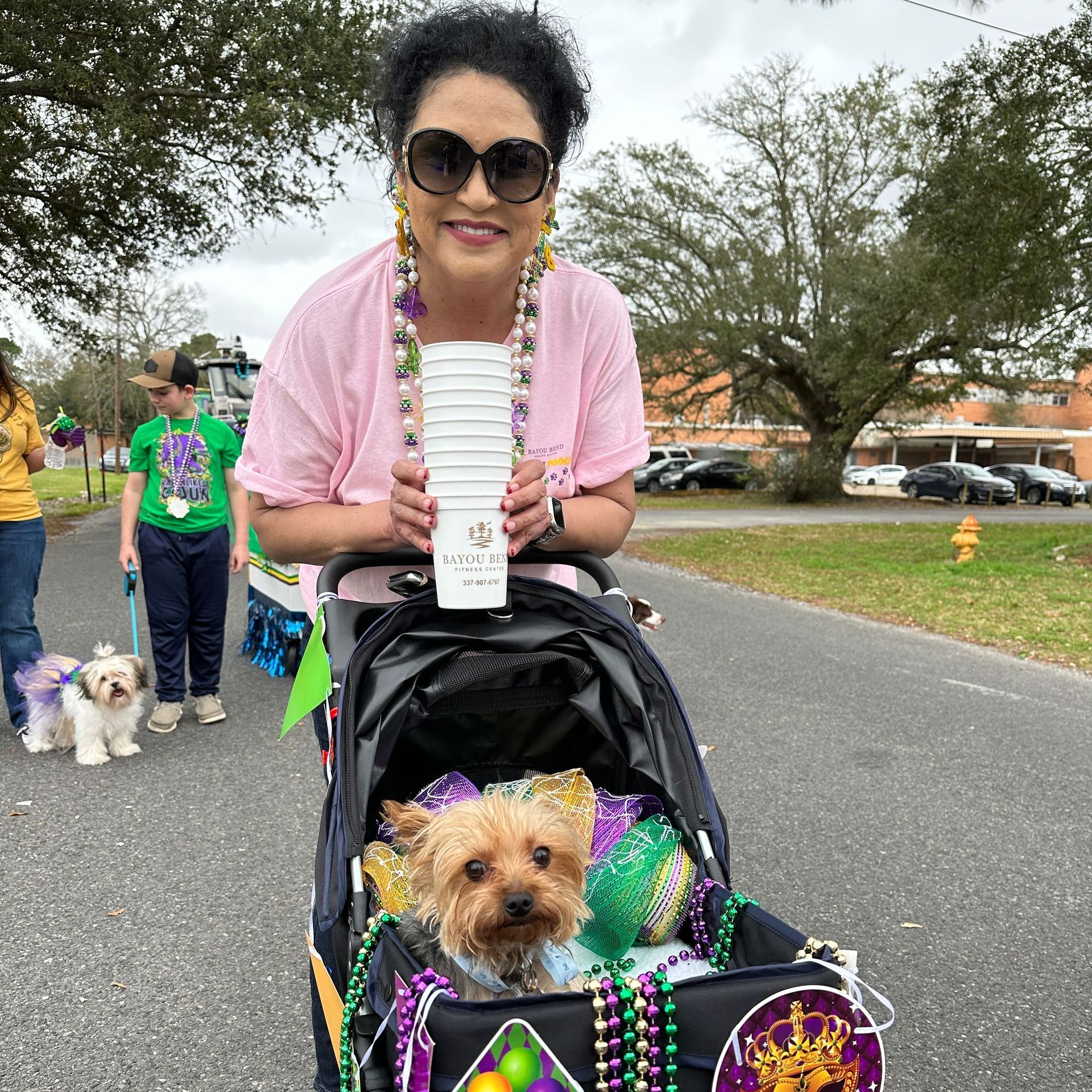 A woman is pushing a stroller with a small dog in it