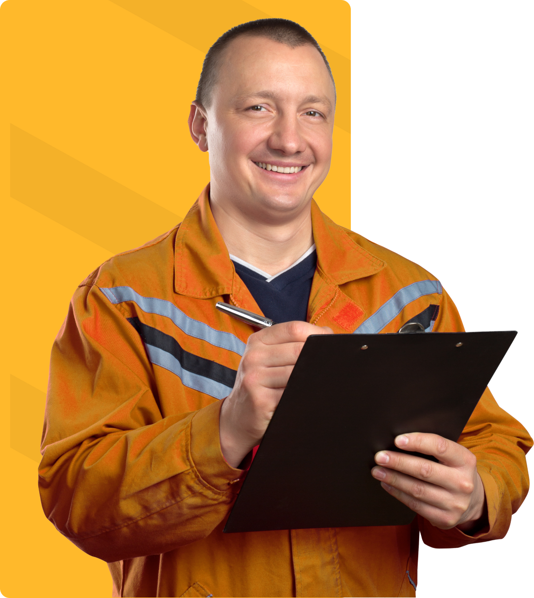 Man in orange work uniform smiles, writing on a clipboard. Yellow background.