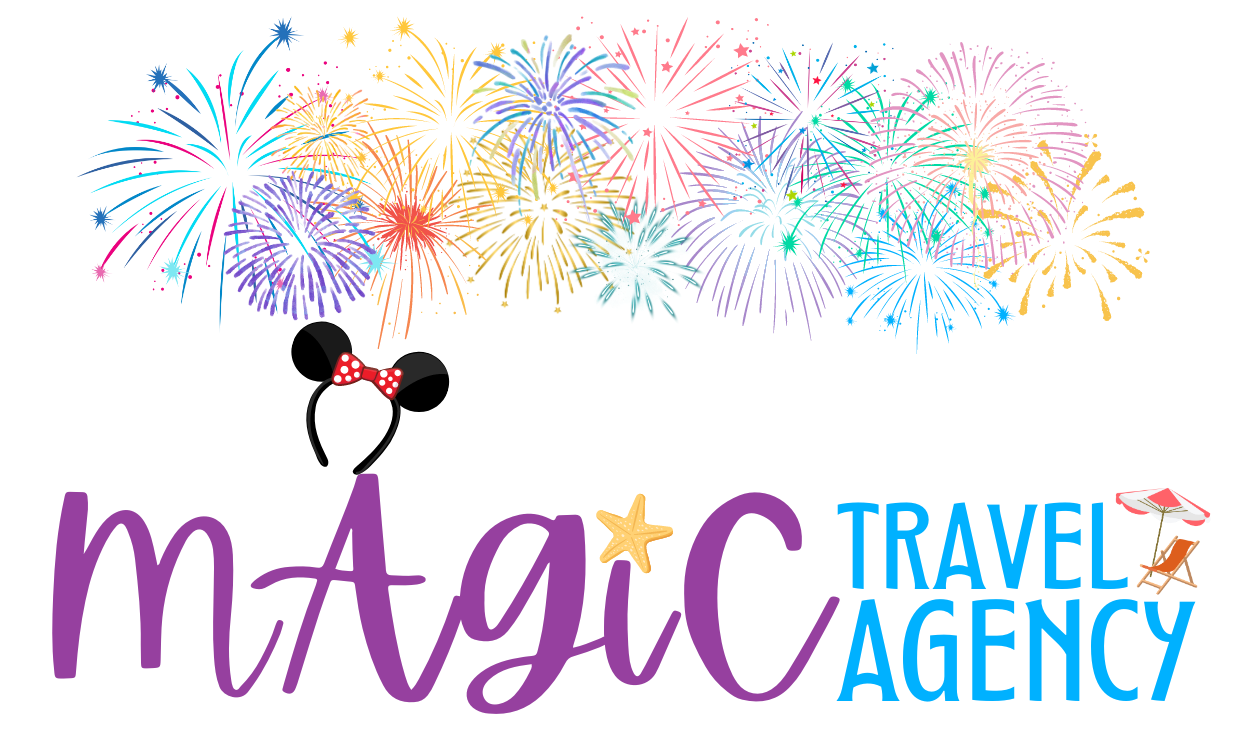 a logo for a travel agency with fireworks and mickey mouse ears .