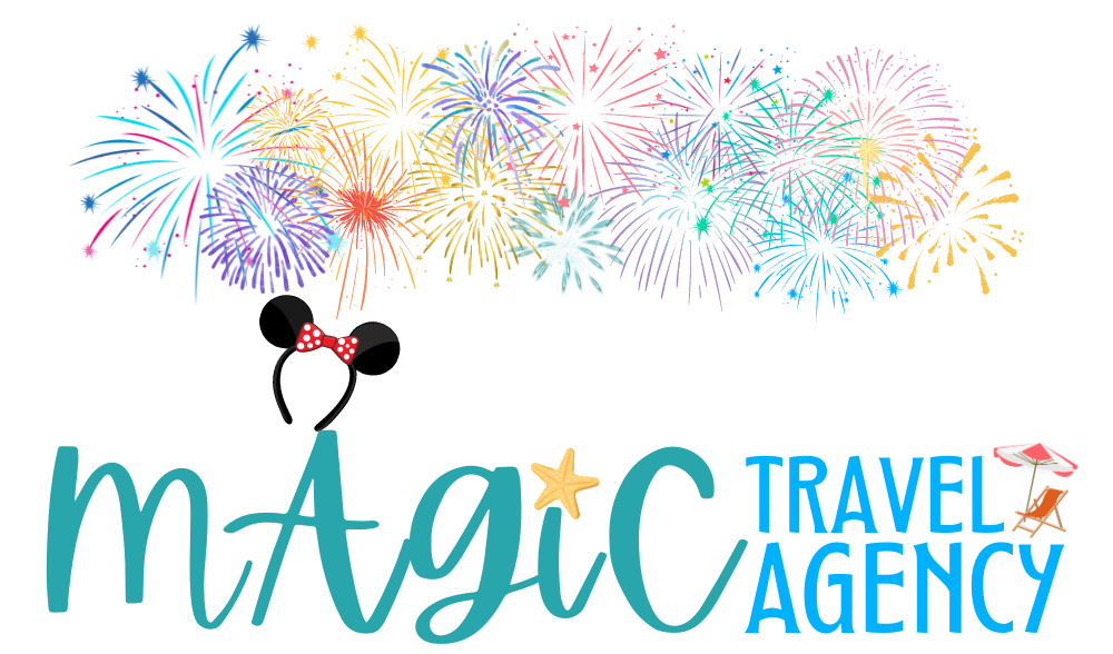 a logo for a travel agency with fireworks and mickey mouse ears .