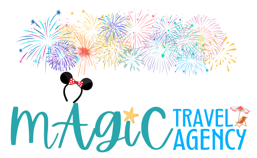 the logo for magic travel agency has a mickey mouse headband and fireworks in the background .